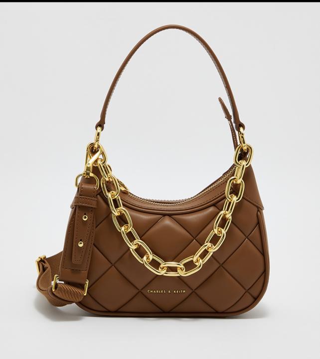 Charles & Keith Crochet Chain Quilted Shoulder Bag "Brown / Gold"