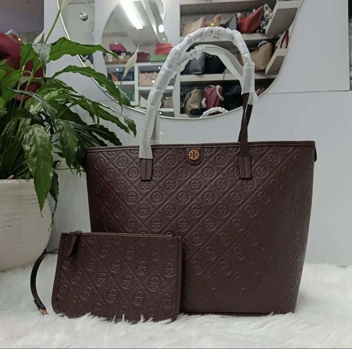 Tory Burch T Monogram Embossed Large Tote "Chocolate / Gold"