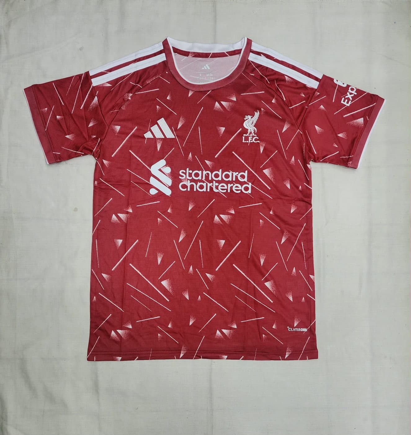 Liverpool FC Adidas Home Jersey – Red | Geometric Triangle Pattern | Standard Chartered
