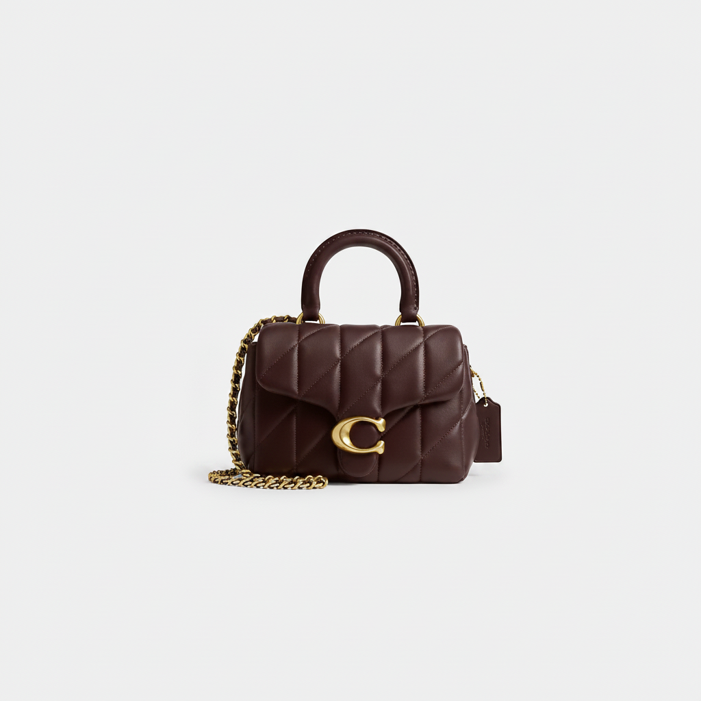 Coach Tabby Mini Top Handle Bag in Dark Brown Oxblood Quilted Leather with Gold C Clasp and Gold Chain