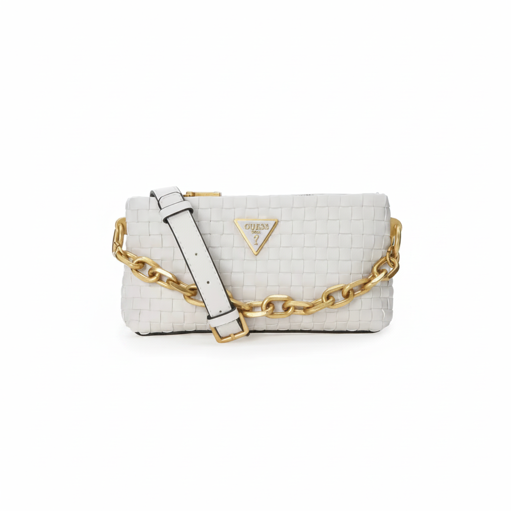 Guess Katey Woven Shoulder Bag "White / Gold"