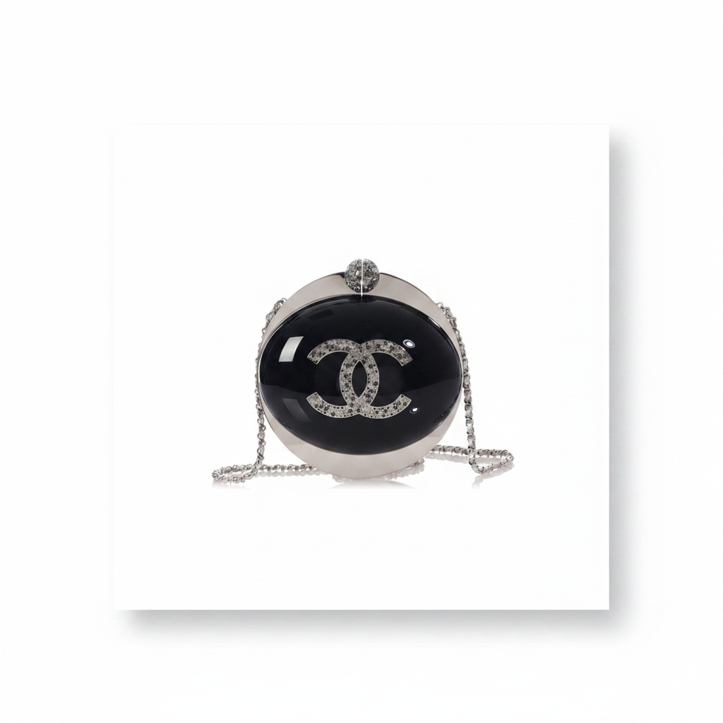 Chanel Round Ball Minaudière Clutch in Black and Silver Plexiglass with Crystal CC Logo