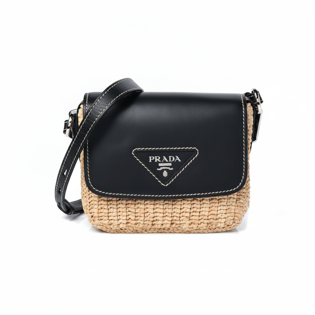Prada Raffia & Leather Flap Crossbody Bag – Natural/Black