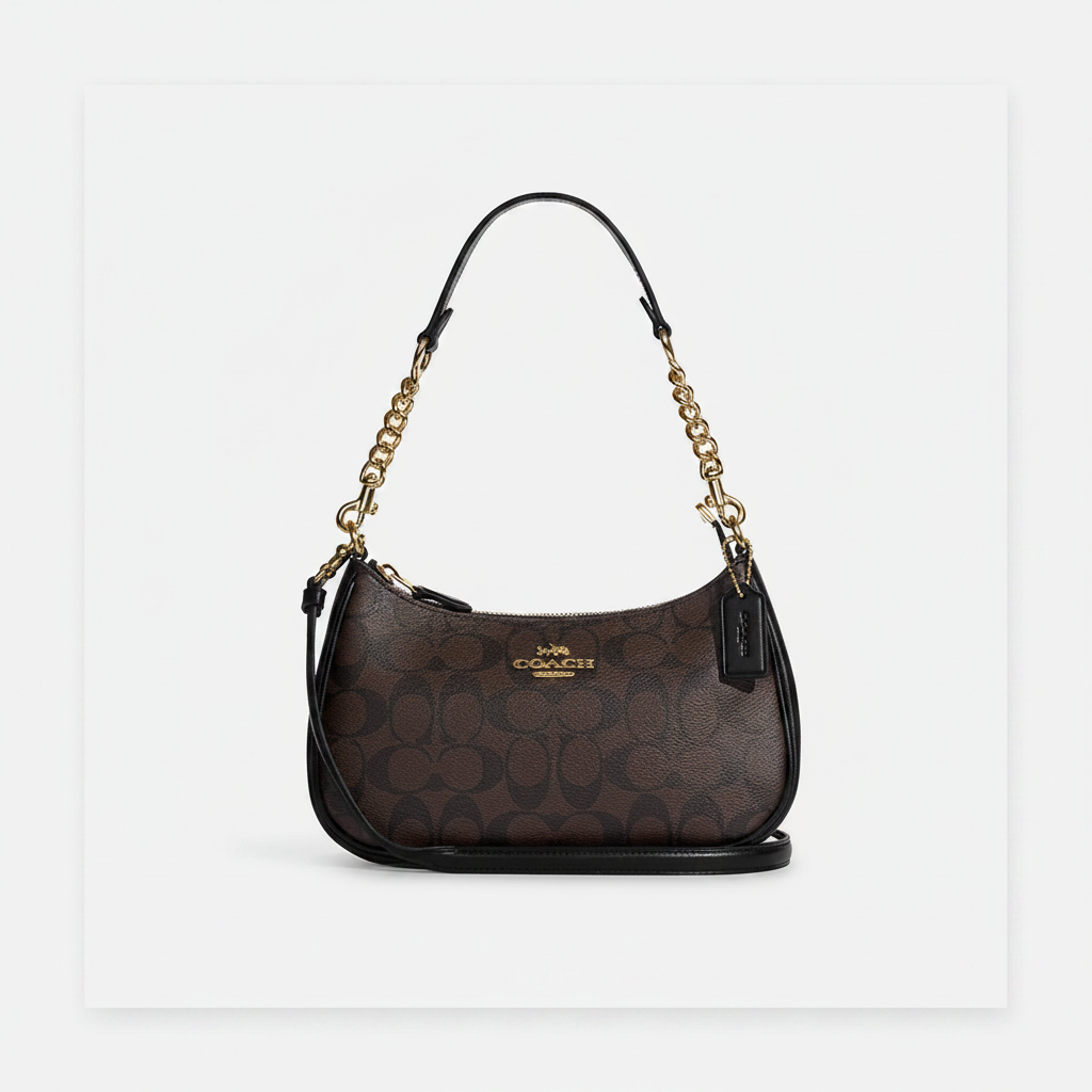 Coach Teri Shoulder Bag in Brown/Black Signature Canvas with Gold Chain Strap