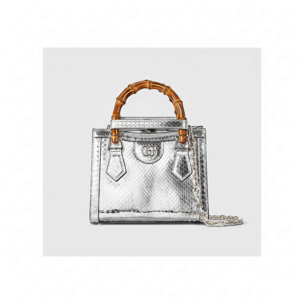Gucci Diana Mini Tote Bag in Silver Metallic Python-Embossed Leather with Bamboo Handle and Silver Chain