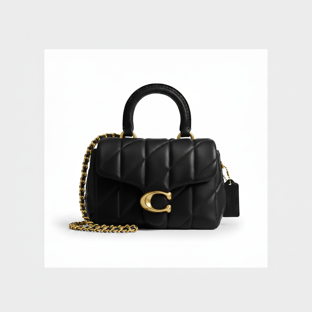 Coach Tabby Mini Top Handle Bag in Black Quilted Leather with Gold C Clasp and Gold Chain