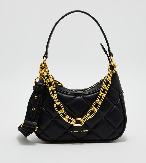 Charles & Keith Crochet Chain Quilted Shoulder Bag "Black / Gold"