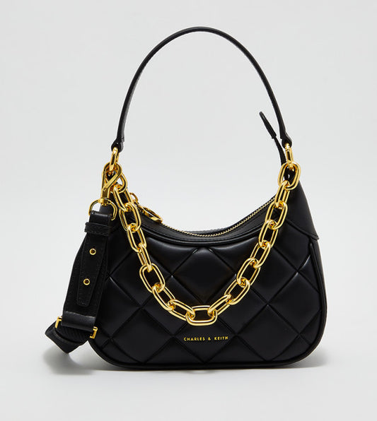 Charles & Keith Crochet Chain Quilted Shoulder Bag "Black / Gold"