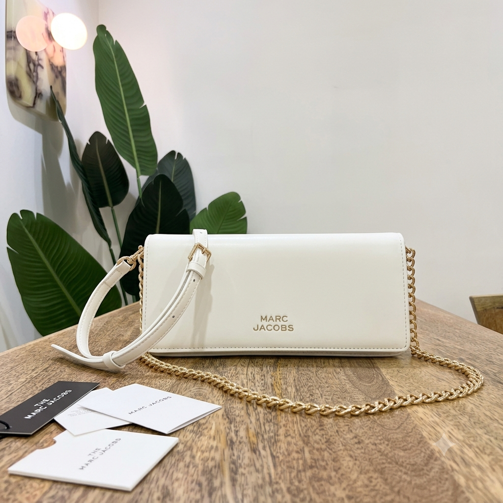 Marc Jacobs The Baguette Bag – White | Gold Chain & Top Handle | Leather Clutch