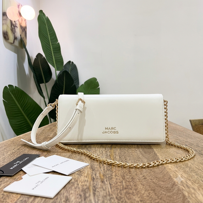 Marc Jacobs The Baguette Bag – White | Gold Chain & Top Handle | Leather Clutch
