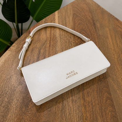 Marc Jacobs The Baguette Bag – White | Gold Chain & Top Handle | Leather Clutch