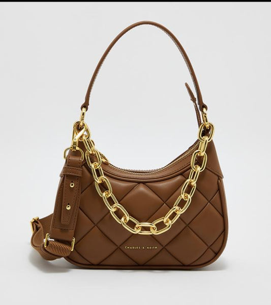 Charles & Keith Crochet Chain Quilted Shoulder Bag "Brown / Gold"