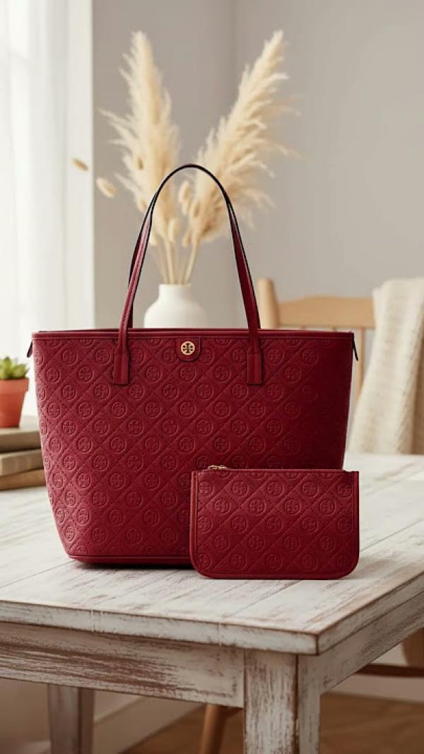 Tory Burch T Monogram Embossed Large Tote "Tory Red / Gold"