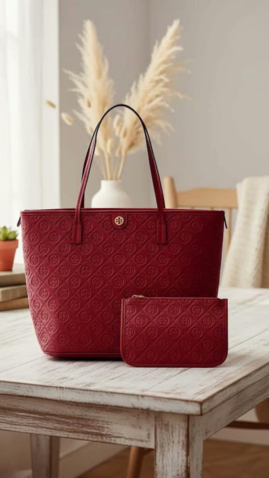 Tory Burch T Monogram Embossed Large Tote "Tory Red / Gold"