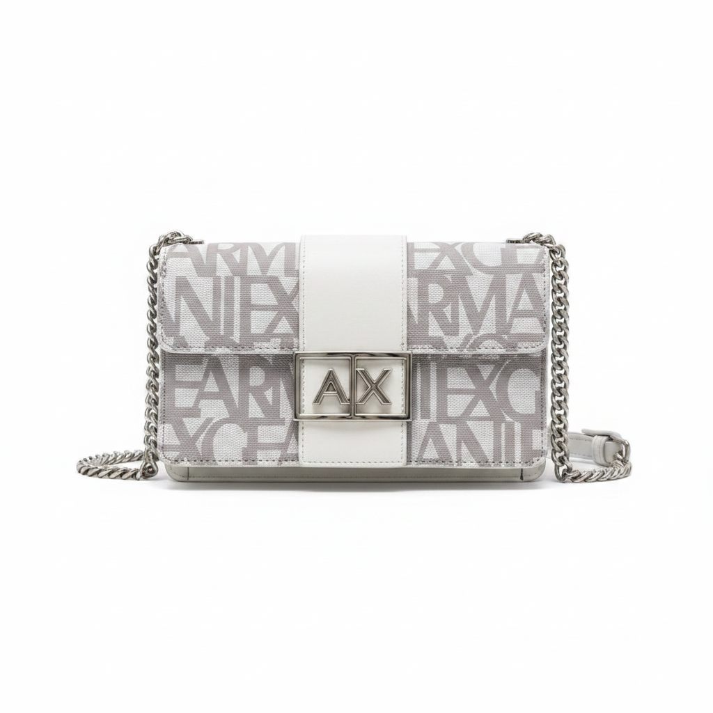 A|X Armani Exchange Logo Print Chain Shoulder Bag in Grey and White