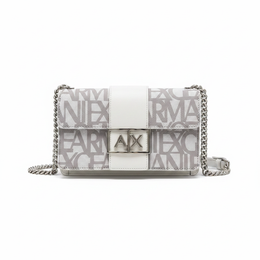 A|X Armani Exchange Logo Print Chain Shoulder Bag in Grey and White