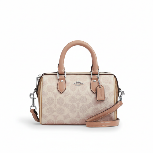 Coach Rowan Satchel in Chalk Sand Signature Canvas with Tan Leather Trim and Silver Hardware
