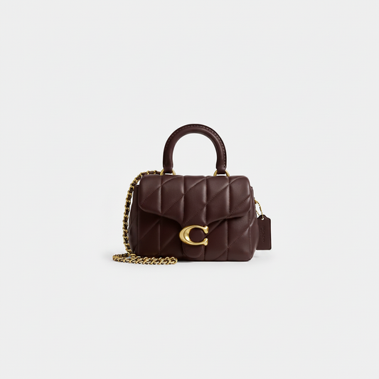 Coach Tabby Mini Top Handle Bag in Dark Brown Oxblood Quilted Leather with Gold C Clasp and Gold Chain