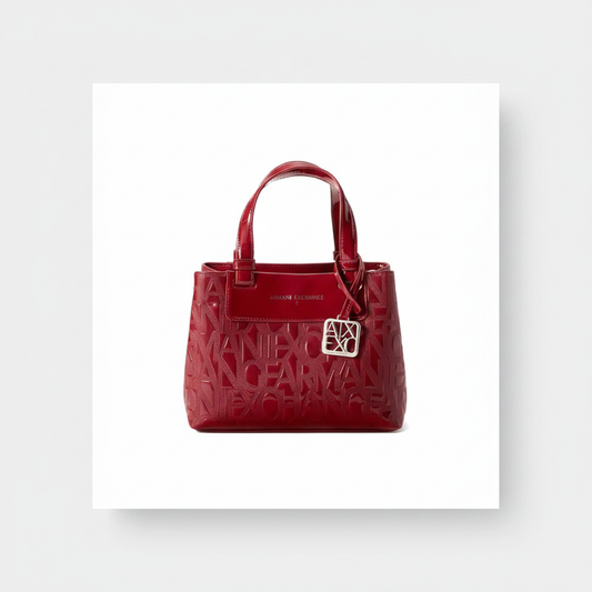 Armani Exchange Logo Embossed Mini Tote Bag Red Patent Small