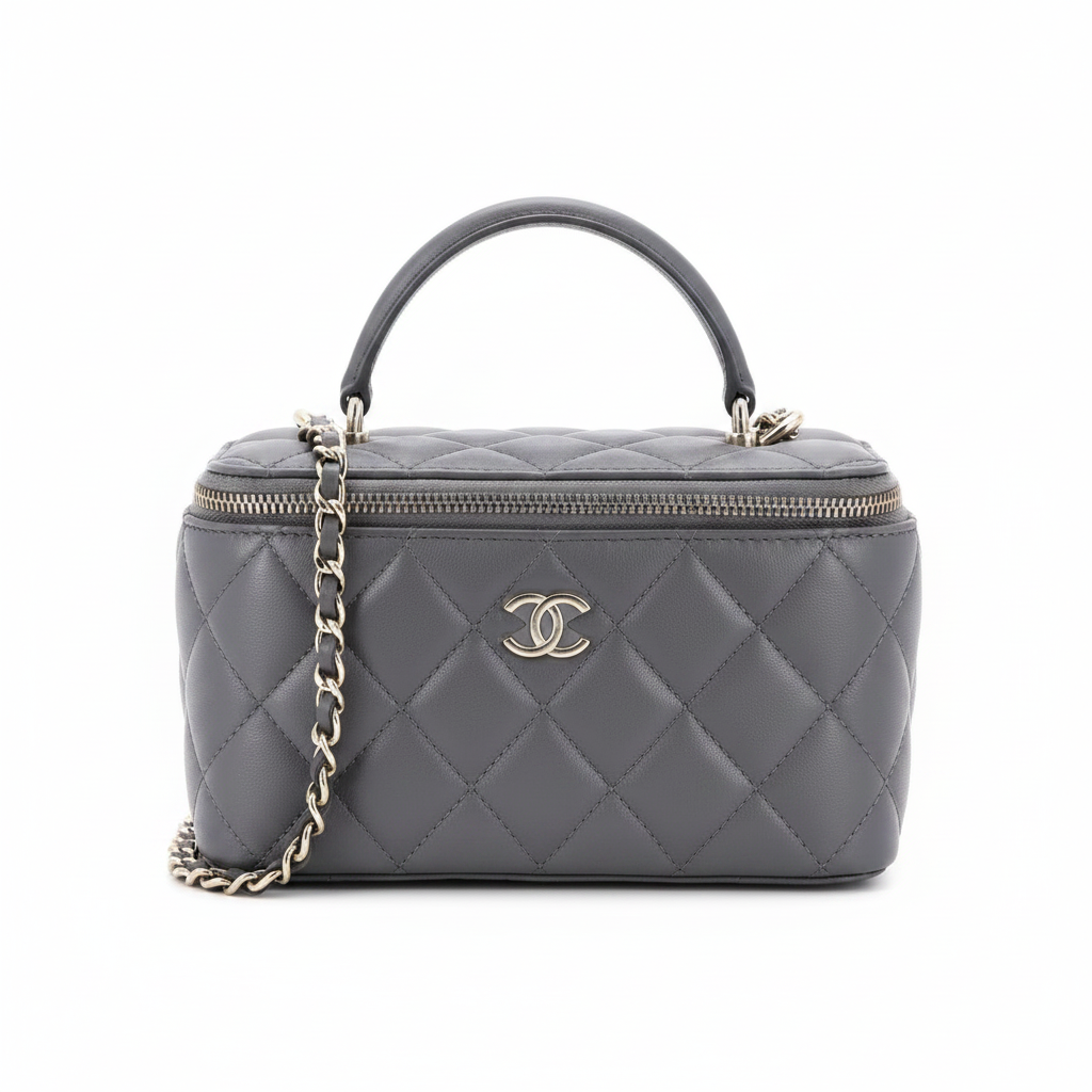 Chanel Vanity Case with Top Handle in Grey Quilted Lambskin â€“ Silver CC Hardware