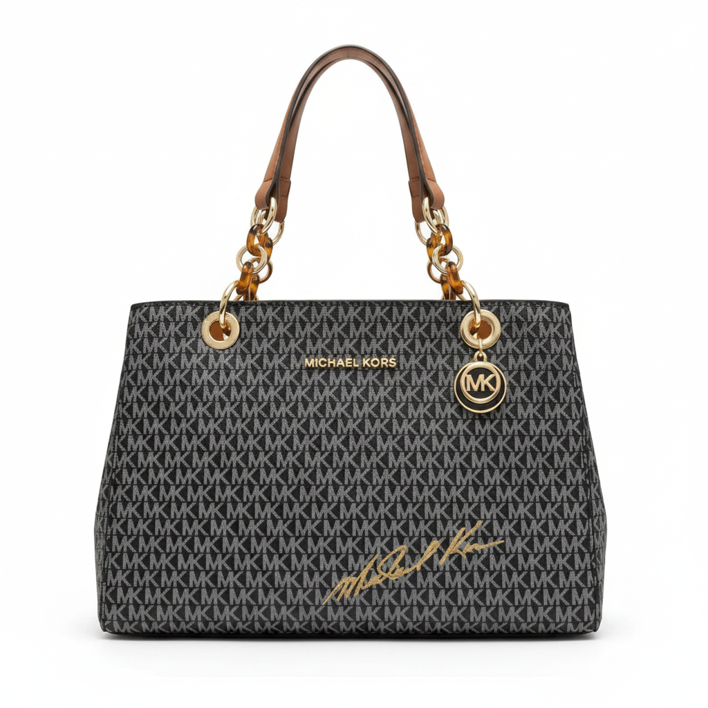 Michael Kors Teagan Medium Tote "Black MK / Acorn / Gold"