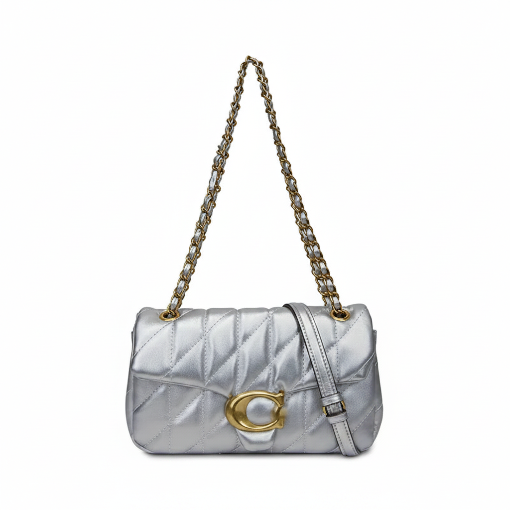 Coach Tabby Quilted Metallic Leather Shoulder Bag in Silver with Gold Hardware