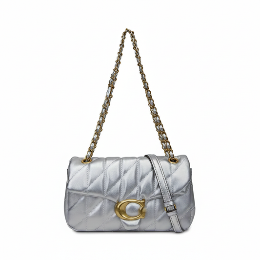 Coach Tabby Quilted Metallic Leather Shoulder Bag in Silver with Gold Hardware