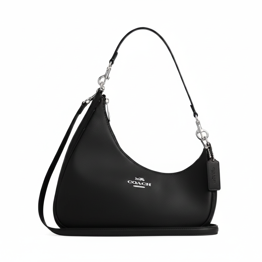 Coach Teri Shoulder Bag in Black Pebble Leather â€“ Silver Hardware