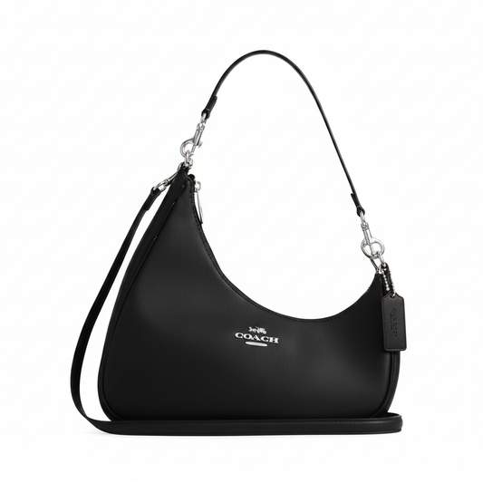 Coach Teri Shoulder Bag in Black Pebble Leather â€“ Silver Hardware