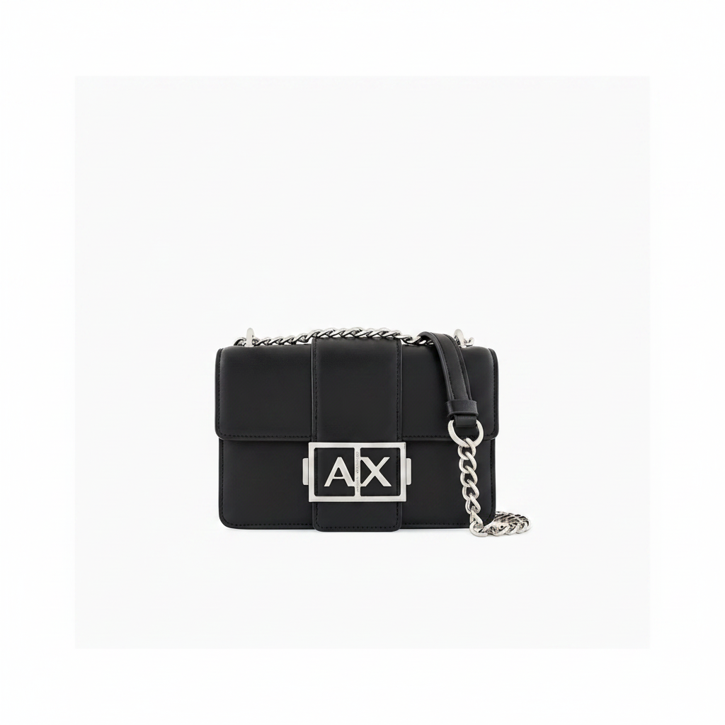 A|X Armani Exchange AX Buckle Chain Shoulder Bag in Black â€“ Silver Hardware