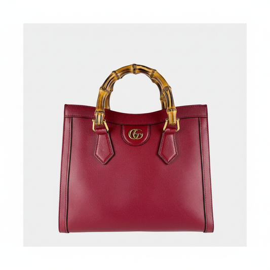 Gucci Diana Small Tote Bag in Burgundy Leather with Bamboo Handles and Gold GG Hardware