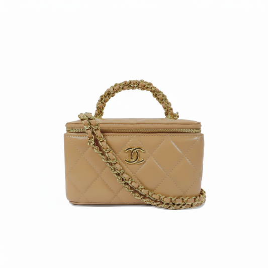 Chanel Vanity Case with Chain Top Handle in Beige Lambskin â€“ Aged Gold CC Hardware