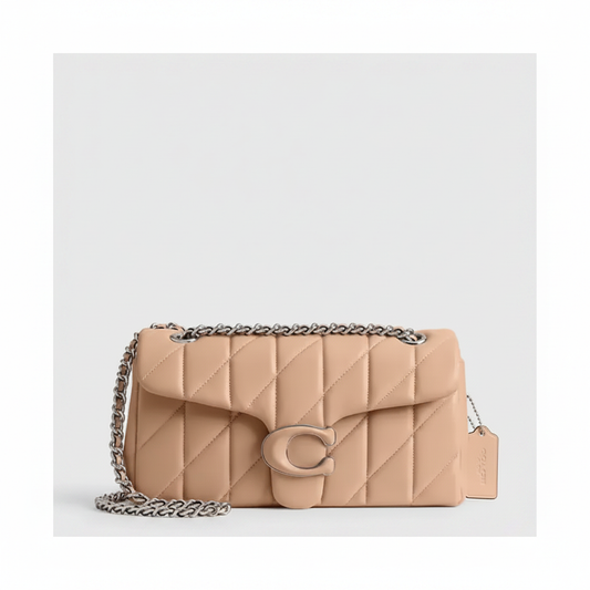 Coach Tabby Quilted Shoulder Bag in Beige Nude with Silver C Clasp and Silver Chain Strap