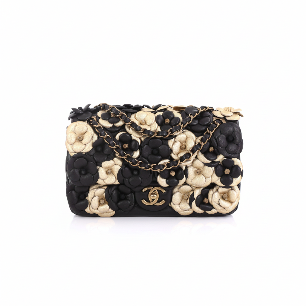 Chanel Camellia Flap Bag – Black & Gold Lambskin