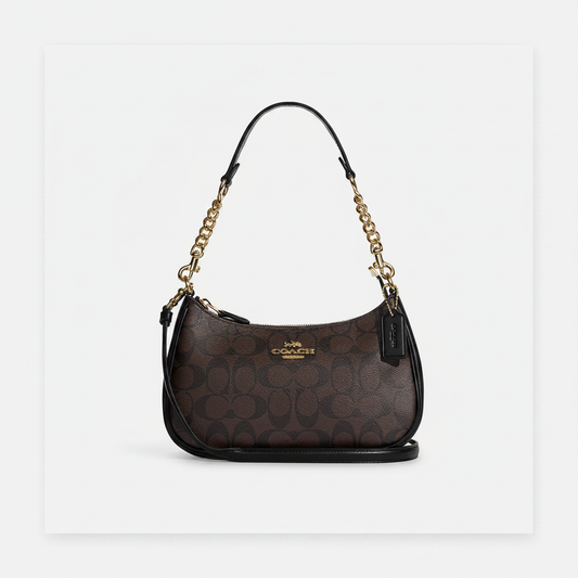 Coach Teri Shoulder Bag in Brown/Black Signature Canvas with Gold Chain Strap