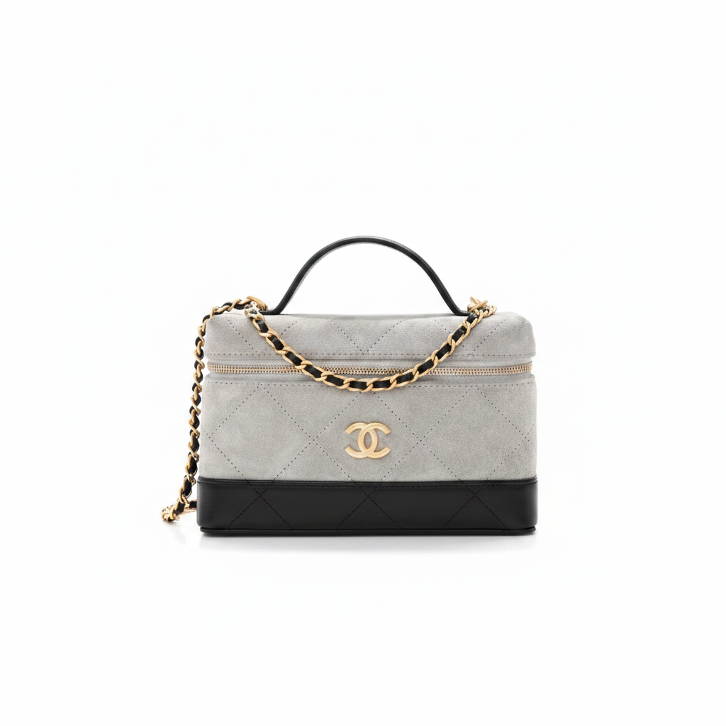 Chanel Quilted Suede Vanity Case with Chain – Grey & Black