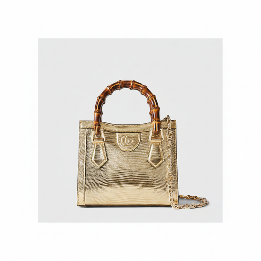 Gucci Diana Mini Tote Bag in Gold Metallic Lizard-Embossed Leather with Bamboo Handle and Gold Chain