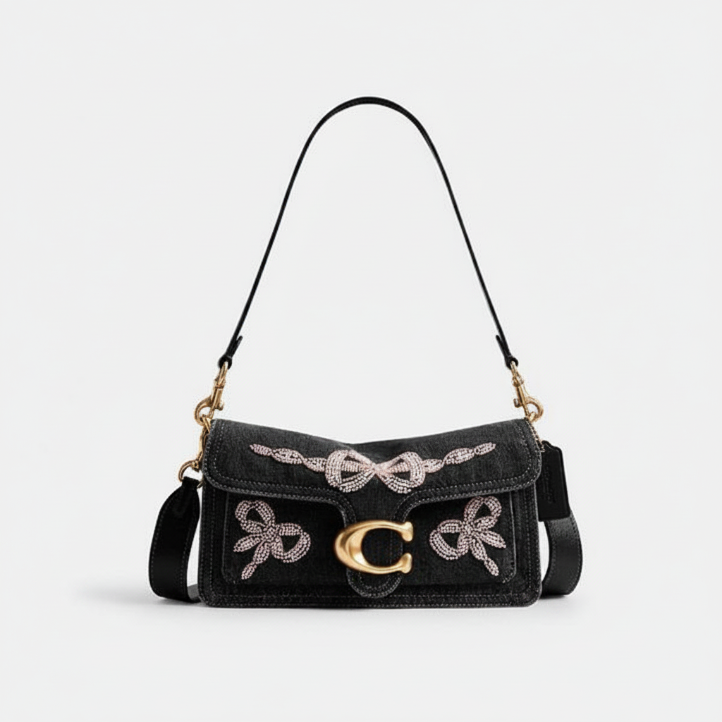 Coach Tabby Shoulder Bag 26 "Black Signature Canvas / Crystal Bow / Brass"