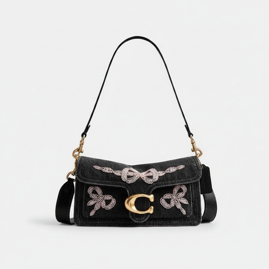Coach Tabby Shoulder Bag 26 "Black Signature Canvas / Crystal Bow / Brass"