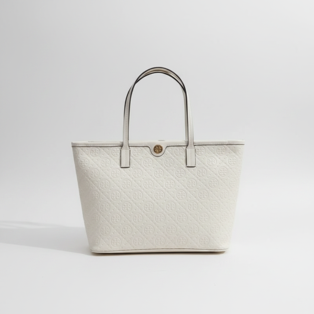Tory Burch T Monogram Embossed Large Tote "Ivory / Gold"
