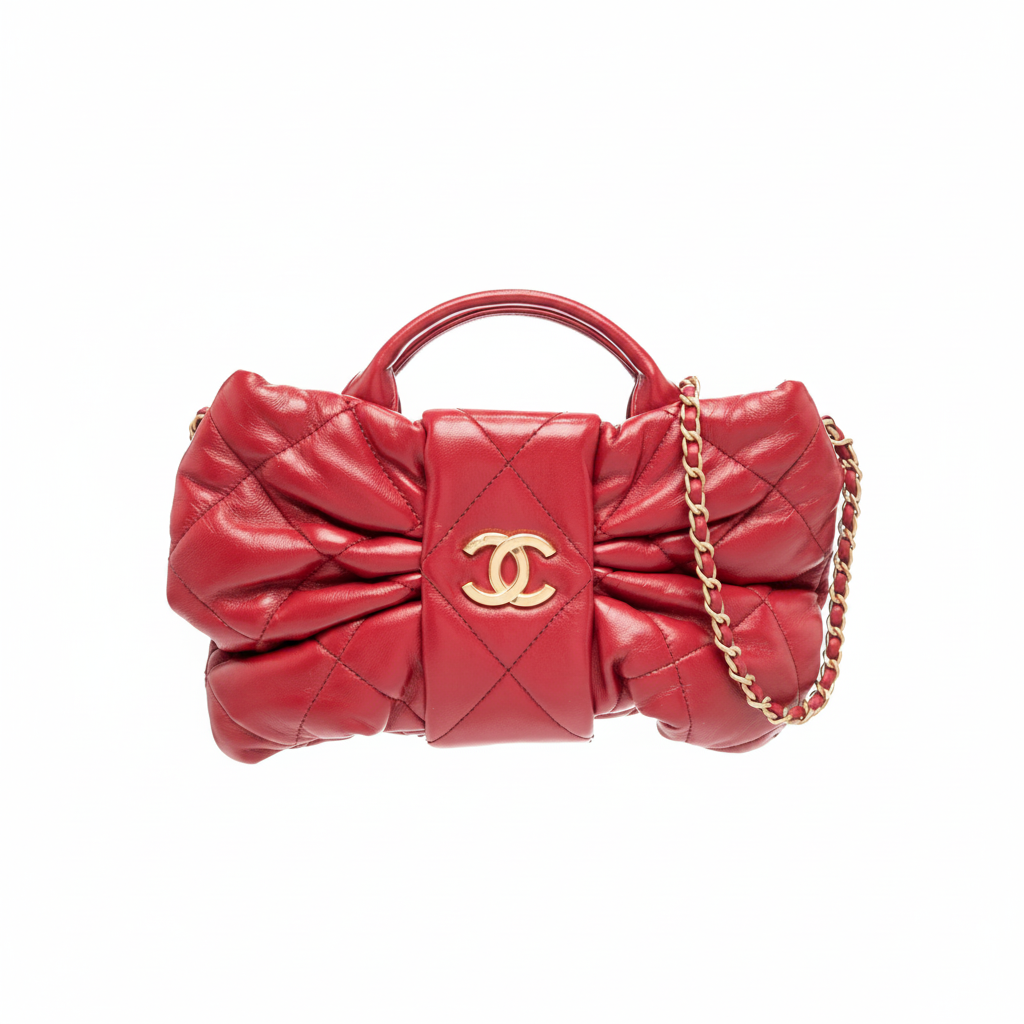 Chanel Bow Quilted Bag in Red Lambskin with Gold CC Logo and Gold Chain Strap
