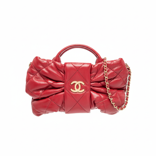 Chanel Bow Quilted Bag in Red Lambskin with Gold CC Logo and Gold Chain Strap