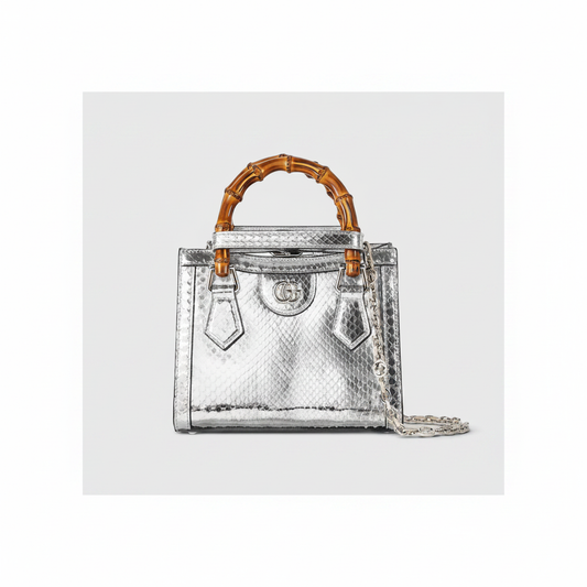 Gucci Diana Mini Tote Bag in Silver Metallic Python-Embossed Leather with Bamboo Handle and Silver Chain