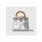 Gucci Diana Mini Tote Bag in Silver Metallic Python-Embossed Leather with Bamboo Handle and Silver Chain
