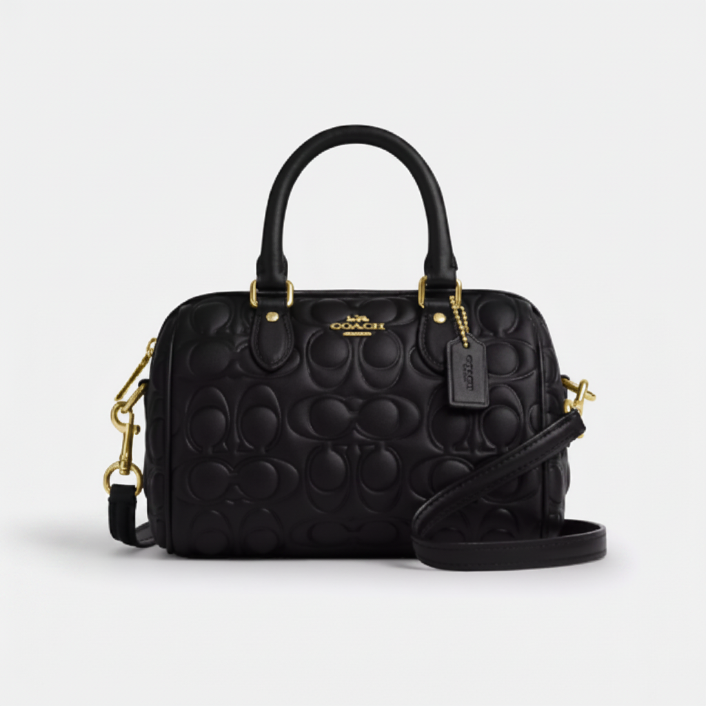 Coach Mini Rowan Satchel "Black Signature Embossed / Gold"
