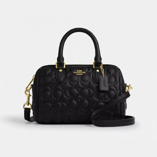 Coach Mini Rowan Satchel "Black Signature Embossed / Gold"
