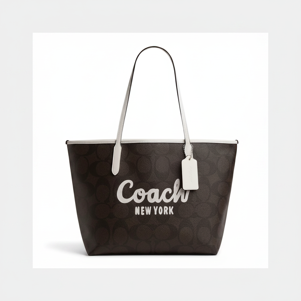 Coach City Tote in Signature Canvas Brown Chalk â€“ Coach New York Script Logo