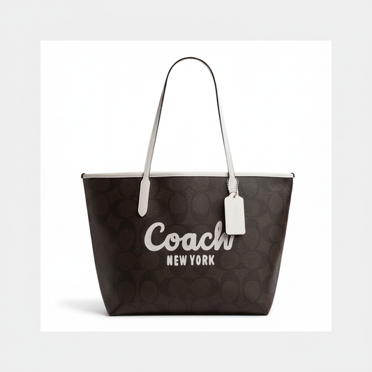 Coach City Tote in Signature Canvas Brown Chalk â€“ Coach New York Script Logo