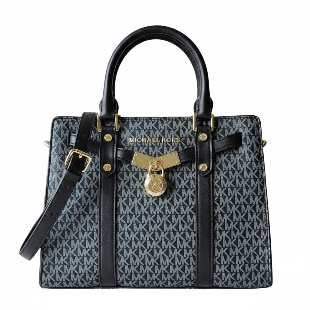 Michael Kors Hamilton Large Satchel – MK Signature Monogram Navy/Black
