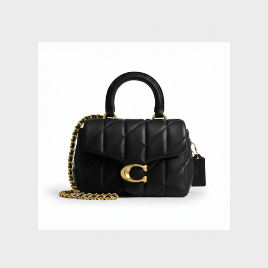 Coach Tabby Mini Top Handle Bag in Black Quilted Leather with Gold C Clasp and Gold Chain